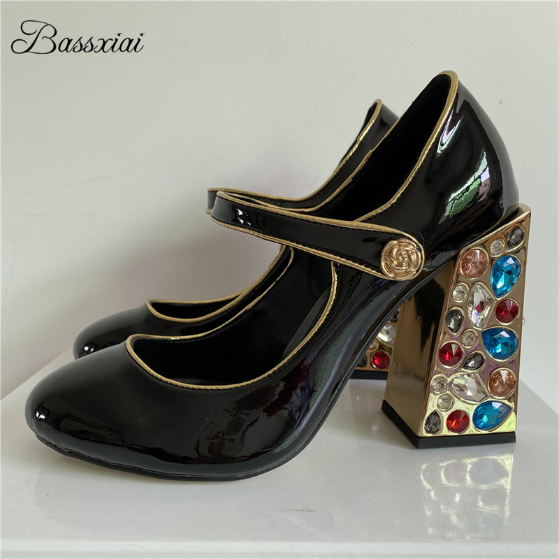 Leather Classic Strap - Renkli Elmas Kare Yüksek Topuk Kadın