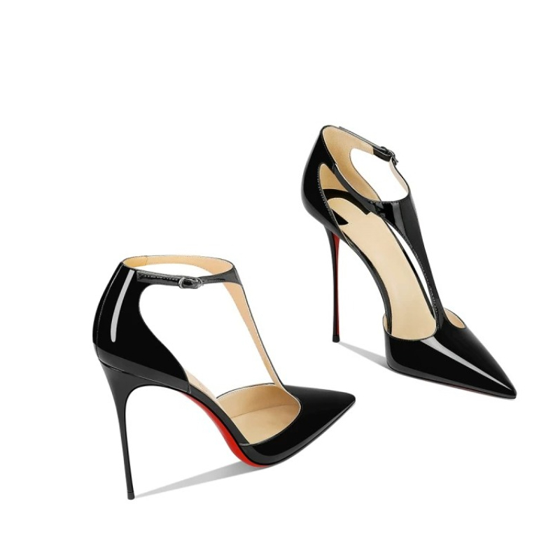 Leather Classic Strap - Siyah Rugan Sivri Stiletto Topuklu Ayakkabılar