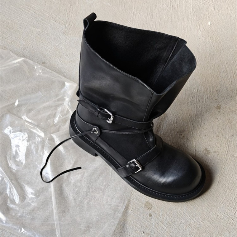 Leather Classic Strap - Retro Tokalı Orta Boy Çizmeler Kadın